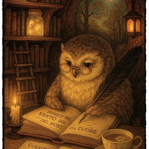 May include: An illustration of an owl wearing glasses, writing in a book with the text "SEGRETI DEL VENTO DEL BUIO EDI CUORE". A candle, teacup, and guestbook are on the table. The background shows a bookshelf, jars with lights, and a forest.