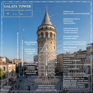 May include: Architectural and engineering analysis of the Galata Tower, a historic structure. The diagram shows the tower's internal structure, including the central void, wall thickness, and foundation. Text labels detail the tower's components and materials.