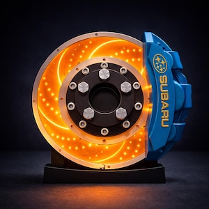 Op de afbeelding: Gedetailleerde afbeelding van een Subaru remschijf en remklauw. De rotor is verlicht met oranje lampjes en de blauwe remklauw heeft het Subaru-logo en de tekst. De remassemblage is gemonteerd op een zwarte basis.