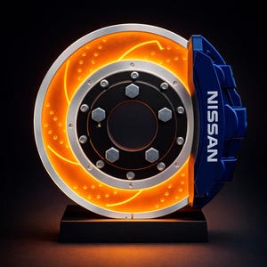Op de afbeelding: Een gestileerde afbeelding van een auto-remschijf met een oranje gloed, zilveren randen en een zwart midden. Een blauwe remklauw met het "NISSAN"-logo is bevestigd. De assemblage staat op een zwarte basis tegen een donkere achtergrond.