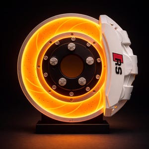Peut inclure: Sculpture lumineuse représentant un disque de frein de voiture orange vif et un étrier blanc avec les lettres "RS" rouges. Monté sur un socle noir, sur fond sombre. Le diamètre du disque est d'environ 25 cm.
