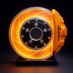 May include: An illuminated orange brake disc and caliper with the word "Supra" printed on the caliper. The disc has a series of drilled holes and is mounted on a black base. The background is black.