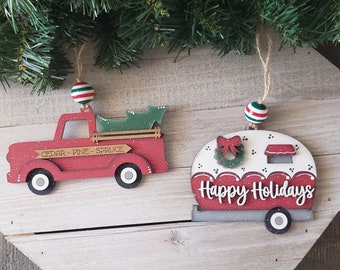 Christmas Truck & Camper Ornaments - Country Christmas - Vintage Santa - Wood Ornament - Painted Ornament - Red and White - Gift