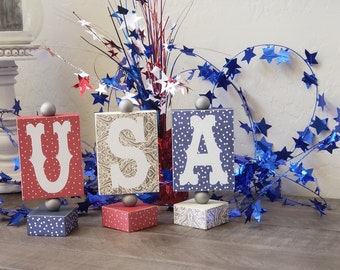 USA wooden Stands, Fourth of July Decor, Americana, Patriotic, July 4th Decor, Patriotic Tiered Tray Decor, USA, Red, White, Blue, 4th