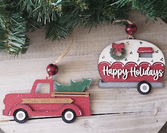 Christmas Truck & Camper Ornaments - Country Christmas - Vintage Santa - Wood Ornament - Painted Ornament - Red and White - Gift