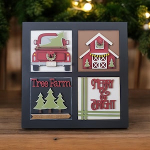 May include: A black framed wooden sign with four squares. The top left square shows a red truck with a green Christmas tree in the back. The top right square shows a red barn with white trim and a wreath on the door. The bottom left square says "Tree Farm" with three green trees and the words "Cedar, Pine, Spruce". The bottom right square says "Merry & Bright" in red letters.
