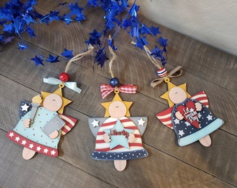 Set of Three Lady Liberty Angel Ornaments, Wooden Ornaments, July 4th Decoration, Fourth of July Decorations, Angel Ornaments, Angel