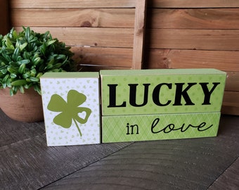 Lucky In Love - St Patrick's Day - St Patricks Day Shamrock - Wooden Blocks - Shamrock