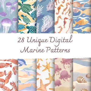 以下が含まれることがあります： 28種類のユニークなデジタル海洋パターン。水彩イラストで、クラゲ、ウミガメ、サンゴ、タツノオトシゴ、魚、カニ、イルカ、ヒトデ、貝殻が様々な色で描かれています。