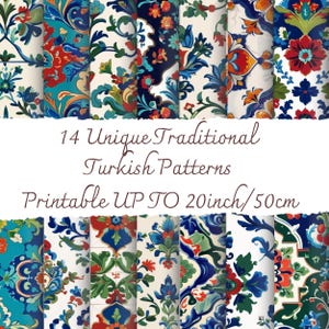 Puede incluir: Una colección de 14 patrones turcos tradicionales únicos en varios colores, incluyendo azul, rojo y verde, con diseños florales y geométricos. Los patrones son imprimibles hasta 50 cm.