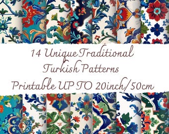 May include: A collection of 14 unique traditional Turkish patterns in various colors, including blue, red, and green, with floral and geometric designs. The patterns are printable up to 20 inches.