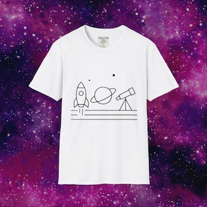 Minimal Space T-Shirt with Rocket Planet and Telescope -  Unisex Astronomy Tee - Gift for Space Lovers and Stargazers