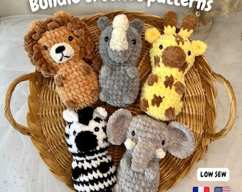 Safari animals crochet pattern bundle - Chubby savannah amigurumi - Elephant, lion, giraffe, rhino, zebra - Cute kawaii crochet plushies