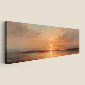 May include: A panoramic canvas print featuring an oil painting of a sunset over the ocean. The scene displays a bright sun low on the horizon, casting warm orange and golden light across the water and reflecting on the gentle waves below.