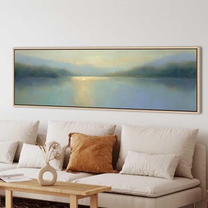 Cuadro decorativo de pared con reflejo suave en el lago, impresión en lienzo de paisaje azul y verde, póster minimalista horizontal largo.