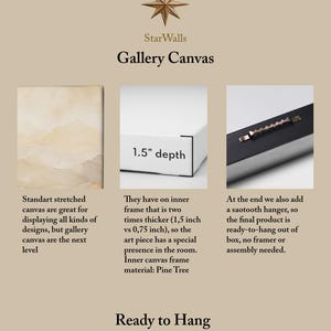 May include: A gallery canvas product display featuring a beige watercolor landscape print, a side view showing a 1.5 inch depth, and a black frame edge with a metal sawtooth hanger. The text StarWalls Gallery Canvas and Ready to Hang is included.