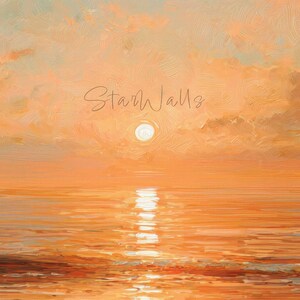 May include: An oil painting style digital artwork depicting a sunset over the ocean with thick, visible brushstrokes. The scene features a bright sun centered in a sky filled with orange and peach clouds, with a reflection on the water. The text StarWalls is visible in the center.