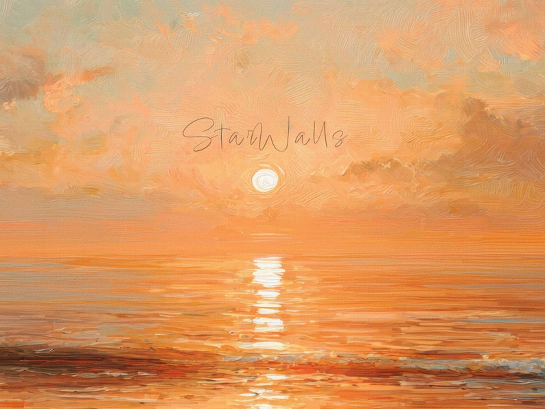 May include: An oil painting style digital artwork depicting a sunset over the ocean with thick, visible brushstrokes. The scene features a bright sun centered in a sky filled with orange and peach clouds, with a reflection on the water. The text StarWalls is visible in the center.