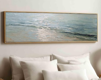 Coastal Abstract Large Wall Art, Soft Ocean Panoramic Decor, Long Horizontal Canvas Print
