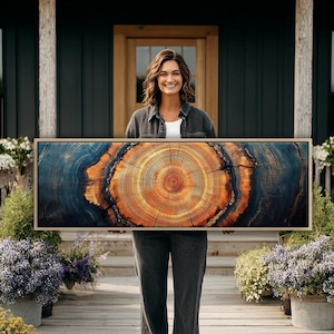 Tree Ring Large Wall Art, Blue Orange Wood Modern Framed Decor, Panoramic Canvas Print