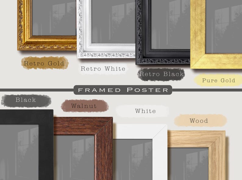 May include: A collection of eight rectangular picture frames labeled Framed Poster. The top row features Retro Gold, Retro White, Retro Black, and Pure Gold frames. The bottom row displays Black, Walnut, White, and Wood frames with various textures.
