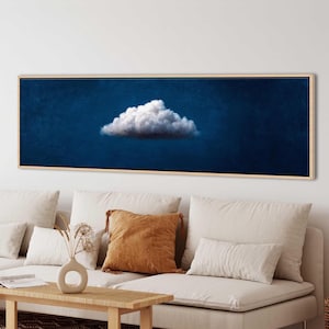 Vintage Blue Clouds Panoramic Canvas Wall Art, Framed Horizontal Wall Art, Wide Minimalist Art, Large Living Room Decor, Dark Blue Sky Art