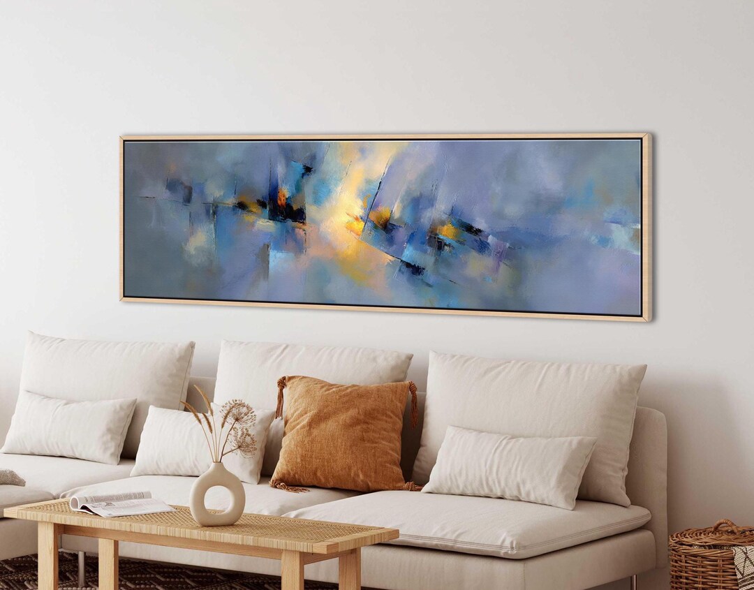 Blue and Gold Abstract Canvas Print, Modern Textured Panoramic Wall Art ...