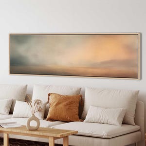 Arte paisajístico abstracto neutro suave, lienzo minimalista con horizonte, decoración de pared moderna de gran tamaño
