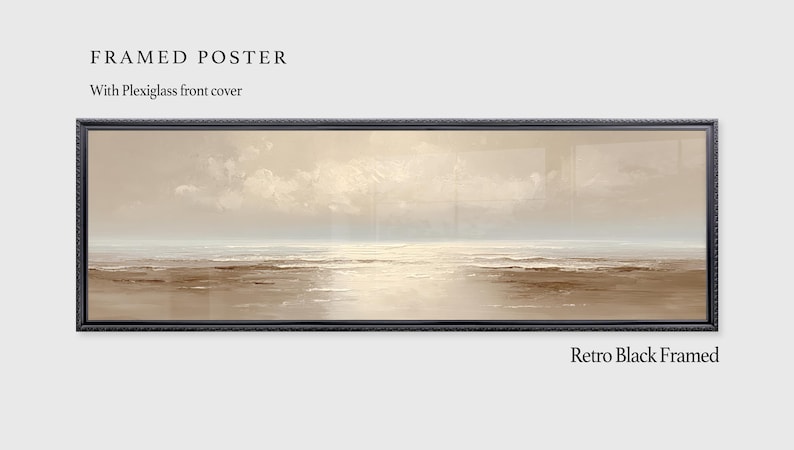 May include: Framed poster with Plexiglass front cover. The artwork depicts a serene seascape in muted tones of beige, brown, and white, framed in a retro black frame. The text "Retro Black Framed" is at the bottom.