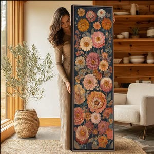 Vintage Floral Tapestry Wall Art, Soft Tone Flower Botanical Decor, Vertical Framed Canvas Print
