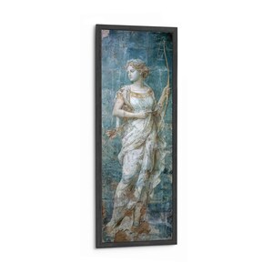 May include: A vertical framed wall art piece featuring a classical figure in a white draped garment holding a long bow. The figure stands against a textured blue background with weathered details. The frame is dark and rectangular in shape.