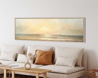 Minimalist Seascape Wall Art, Calm Ocean Horizon Canvas, Neutral Coastal Japandi Decor