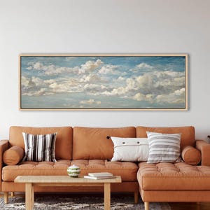 Panoramic Cloudy Sky Framed Canvas Print, Long Horizontal Sunny Sky, Panoramic Vintage Sunset Wall Art, Ready To Hang Canvas