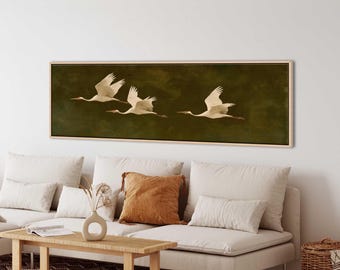 Japanese Crane Birds Wall Art, Abstract Olive Green Sky - Long Horizontal Framed Canvas