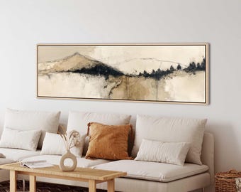 Large Horizontal Abstract Landscape Canvas, Neutral Beige and Black Minimal Art