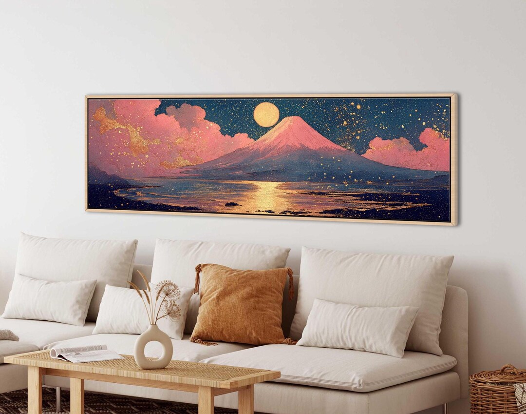 Japanese Mountain Landscape Wall Art, Mount Fuji Inspired Canvas, Pink ...
