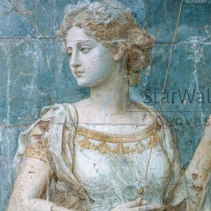 May include: A wall art canvas print featuring a classical statue of a figure with a bow against a textured blue background. The figure wears a draped garment with gold trim and a floral headpiece. The text StarWalls Canvas is visible on the right.
