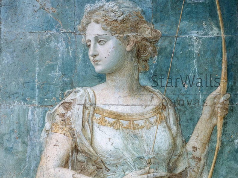 May include: A wall art canvas print featuring a classical statue of a figure with a bow against a textured blue background. The figure wears a draped garment with gold trim and a floral headpiece. The text StarWalls Canvas is visible on the right.