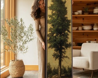 Art mural vertical arbre ancien, impression sur toile nature rustique vintage, décoration Japandi neutre