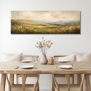 Wildflower Meadow Framed Canvas Print: Vintage Spring Landscape, Panoramic Wall Art