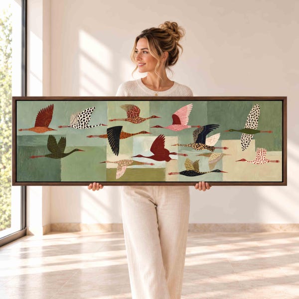 Japanese Crane Birds Wall Art, Abstract Sage Green Sky Home Decor, Panoramic Canvas Print