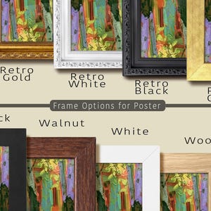 Puede incluir: Una colecci&oacute;n de ocho marcos rectangulares para p&oacute;steres dispuestos en dos filas con el texto Frame Options for Poster. La fila superior presenta marcos retro dorados, blancos y negros ornamentados junto a un marco de oro puro. La fila inferior muestra marcos simples en negro, nogal, blanco y madera.