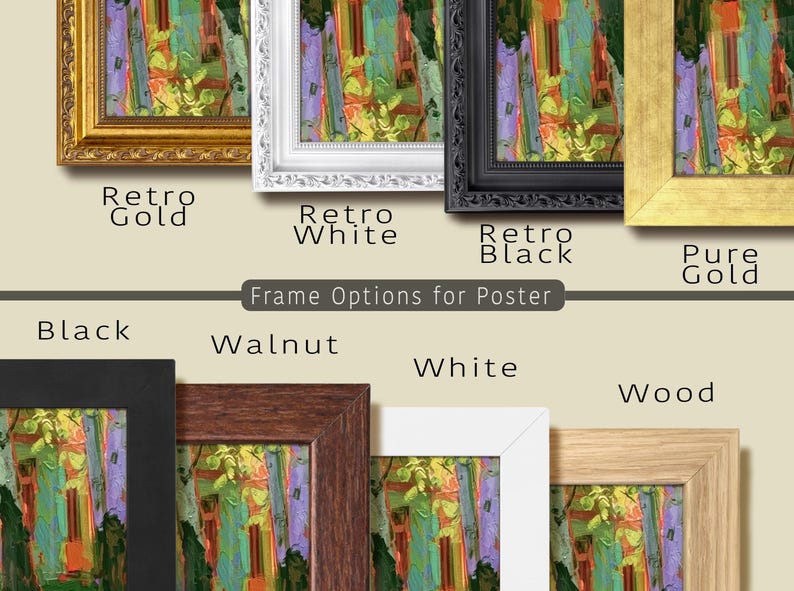 Puede incluir: Una colecci&oacute;n de ocho marcos rectangulares para p&oacute;steres dispuestos en dos filas con el texto Frame Options for Poster. La fila superior presenta marcos retro dorados, blancos y negros ornamentados junto a un marco de oro puro. La fila inferior muestra marcos simples en negro, nogal, blanco y madera.