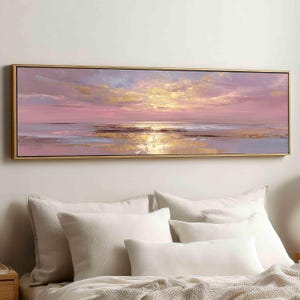 Quadro astratto con tramonto rosa e oro, paesaggio marino orizzontale, stampa panoramica su tela.