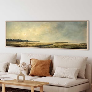 Vintage Country Landscape Canvas Print: Soft Sky Field Scene, Long Horizontal Wall Art
