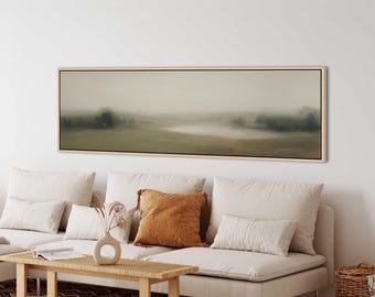 Misty Green Landscape Wall Art, Neutral Panoramic Canvas Print