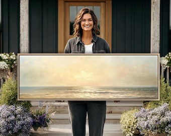 Minimalist Seascape Large Wall Art, Calm Ocean Horizontal Decor, Panoramic Canvas Print