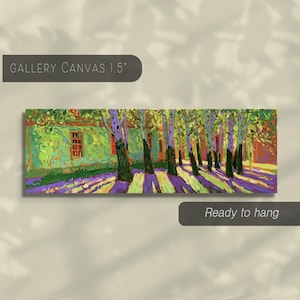 Puede incluir: Un lienzo panor&aacute;mico con una pintura de estilo impresionista de una hilera de &aacute;rboles junto a un edificio. La escena muestra tonos vibrantes de verde, amarillo y morado con pinceladas visibles. El texto dice GALLERY CANVAS 1.5" y Ready to hang.