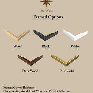 May include: Image showcasing framed canvas options from StarWalls. The options include Wood, Black, White, Dark Wood, and Pure Gold frames. The text indicates a width of 1.4 inches and a depth of 1.8 inches for the frames.