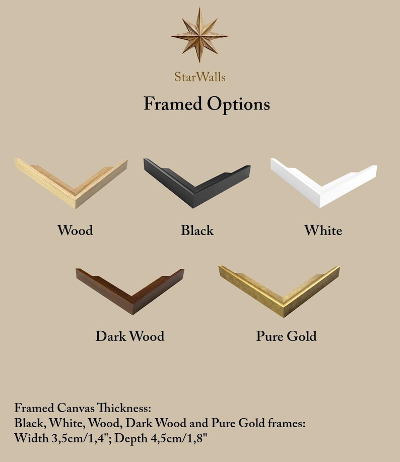 May include: Image showcasing framed canvas options from StarWalls. The options include Wood, Black, White, Dark Wood, and Pure Gold frames. The text indicates a width of 1.4 inches and a depth of 1.8 inches for the frames.